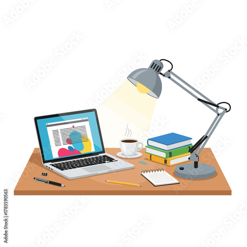 Home office desk with laptop, lamp, and books for remote work and productivity.