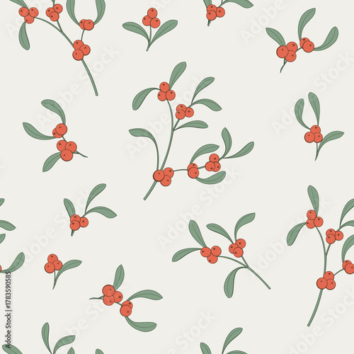 Beige Holly and Mistletoe pattern. Christmas floral pattern