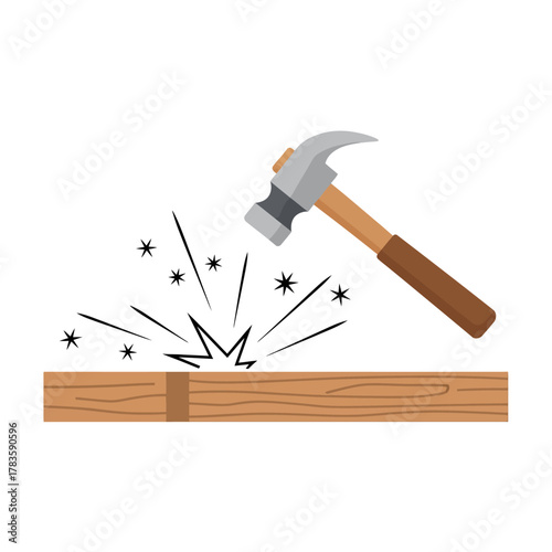 Hammer hitting wood plank symbolizing construction, repair, and manual work.