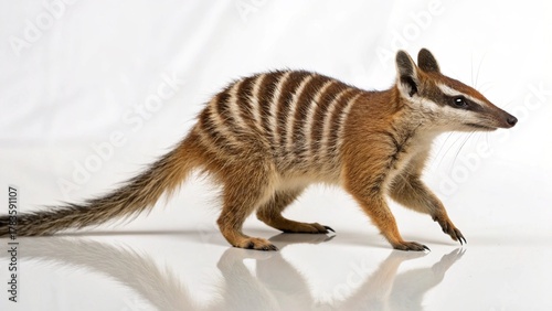 Photorealistic studio portrait of a distinctively banded Numbat (Myrmecobius fasciatus) marsupial, isolated on white.