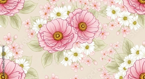 Seamless Floral Pattern with Pink and White Flowers