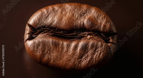 Single roasted coffee bean with rich brown texture