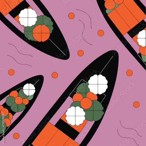 Misty river scene with boats covered in thousands of lights