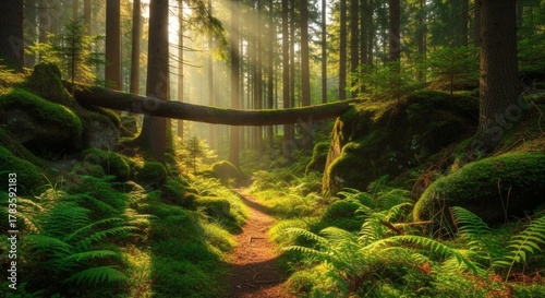 Sunbeams Filter Through Lush Forest onto Mossy Path