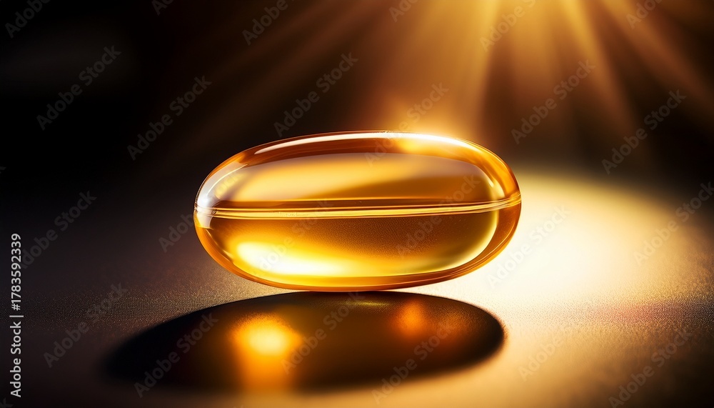 Fototapeta premium radiant golden omega 3 capsule illuminates health benefits under a sunlit glow on dark background