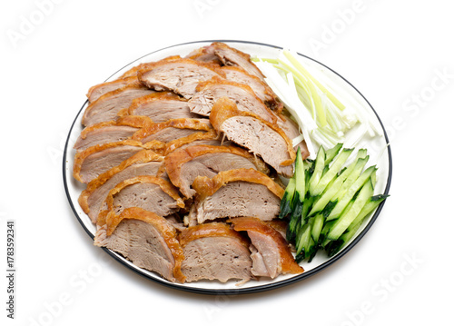 Traditional Peking Duck Slices with Cucumber, Scallion, and Sweet Bean Sauce on White Isolated Background – Chinese Cuisine