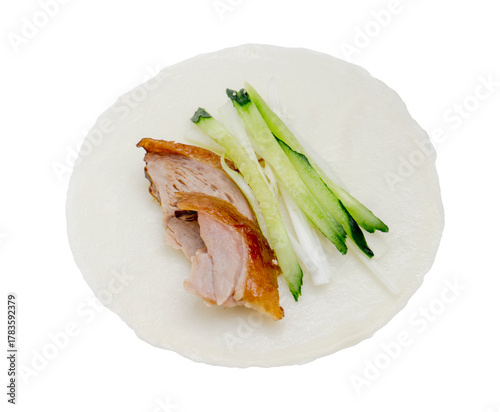 Traditional Peking Duck Slices with Cucumber, Scallion, and Sweet Bean Sauce on White Isolated Background – Chinese Cuisine