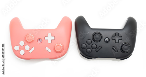 Pastel Pink and Black Gaming Controllers on White Isolated Background – Pair of Universal Gamepads for Video Games