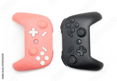 Pastel Pink and Black Gaming Controllers on White Isolated Background – Pair of Universal Gamepads for Video Games