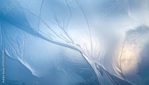 Abstract Blue Ice Texture Background. Frozen Surface with Dendritic Cracking and Reflective Sheen.