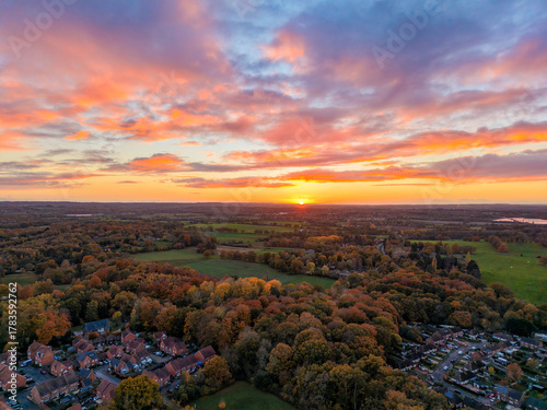 Sunset over St Marys Park estate in Hartley Wintney, Hampshire, UK.