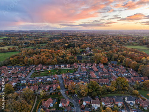 Sunset over St Marys Park estate in Hartley Wintney, Hampshire, UK.