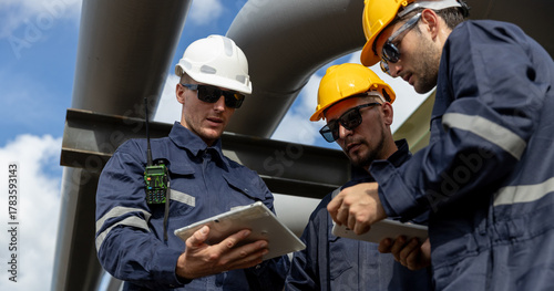Engineer wearing safety gear using digital tablets at an industrial facility, discussing data and operations under large pipelines, symbolizing technology integration in modern engineering.