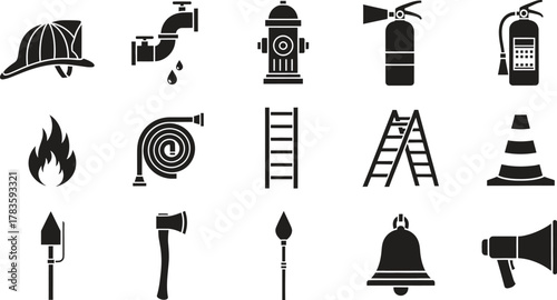 Firefighting equipment icons set in black and white vector illustration