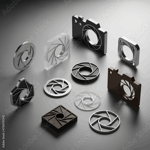 Collection of Camera Aperture Models in Various Shapes and Materials.