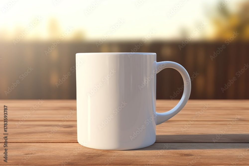 Obraz premium White Ceramic Mug on Rustic Wooden Table in Sunlight 