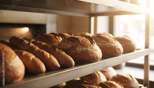 Close-up shot of various freshly baked loaves of bread on a metal shelf in a bakery.