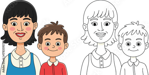 Happy Cartoon Mother and Son Portrait Vector Illustration, Cute Family Picture, Mom and Child Characters, Coloring Book Page