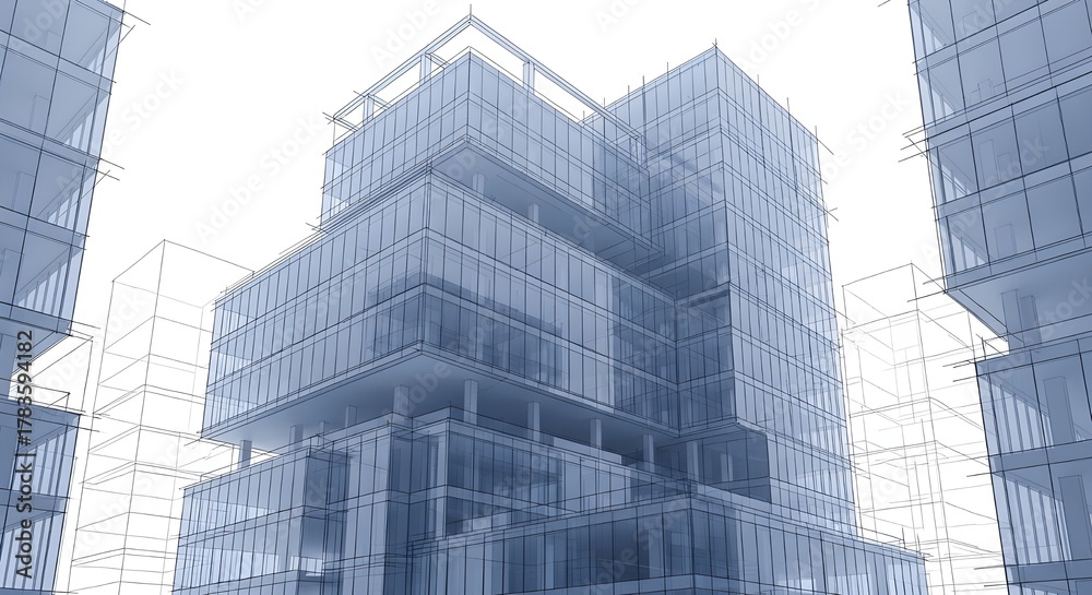 Fototapeta premium Futuristic Glass and Steel Building Rendering — Modern Architectural Design with Blue Monochrome Aesthetic and Geometric Detailing