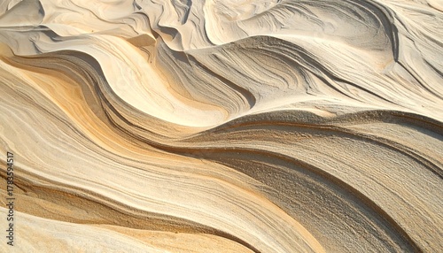 Fototapeta Naklejka Na Ścianę i Meble -  Swirling tan and beige layers create a dynamic, flowing pattern reminiscent of sand dunes or eroded rock formations