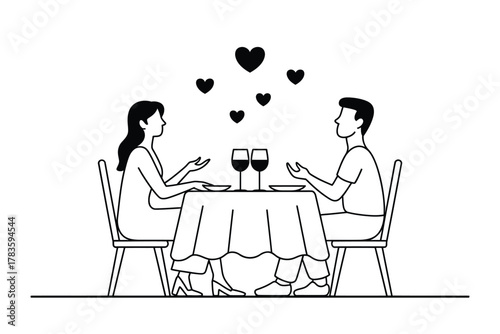 A couple shares a romantic dinner with hearts floating above their heads.