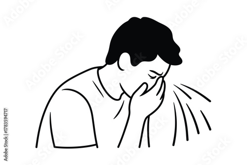 A person sneezes, covering their face with their hand while droplets spray outwards.