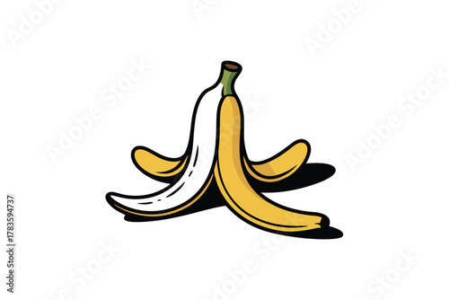 A peeled banana skin is shown against a white background
