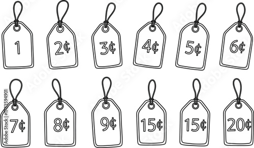 Price tags with various values illustration from one cent to twenty cents