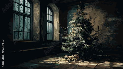 Withered Christmas tree in an abandoned room. Symbol of a lost holiday. Vector Illustration