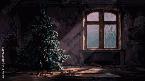 Withered Christmas tree in an abandoned room. Symbol of a lost holiday. Vector Illustration
