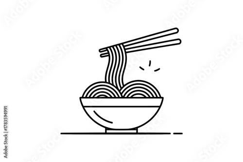 Chopsticks lift steaming noodles from a bowl, representing delicious food.