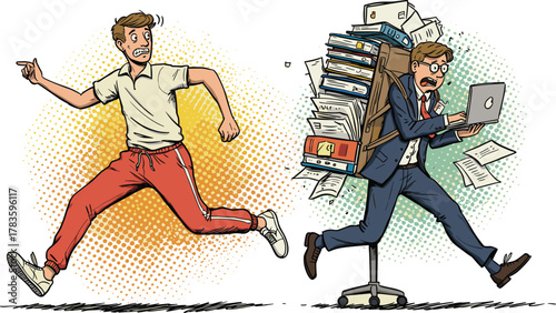 Cartoon running men, work stress, overloaded businessman, casual lifestyle, office pressure, funny illustration