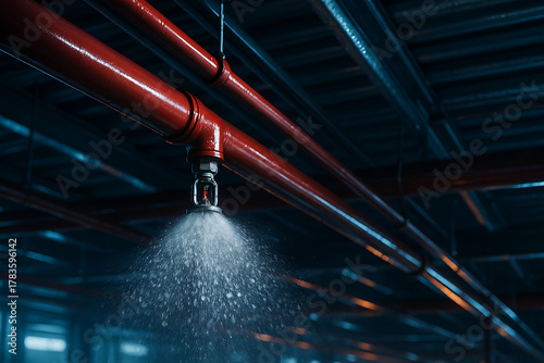 Fire sprinkler system spraying water from red industrial pipe, automatic fire suppression mechanism in warehouse ceiling, safety protection equipment concept for emergency prevention and building infr