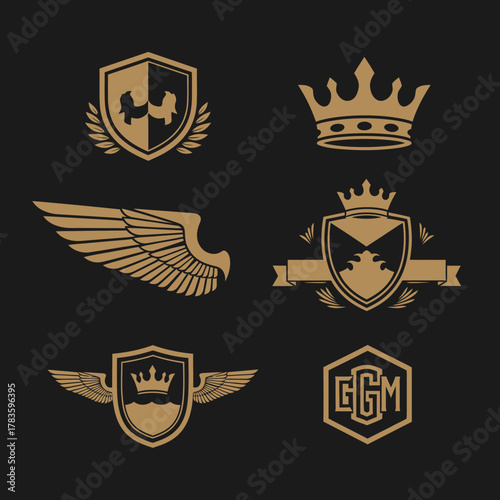 Collection of Heraldic Crests and Emblems in Gold on Black Background.