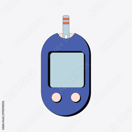 Blue digital glucose meter with light blue screen and coral accents on test strip blood sugar monitor vector illustration.