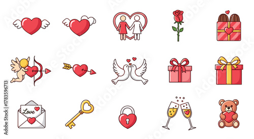 Set of Valentine's Day icons featuring hearts with wings, cupid, doves, roses, gifts, champagne, teddy bear, love letter, key, lock, and a couple holding hands, symbolizing love and romance, perfect