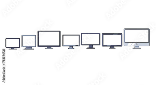 A clean vector cartoon illustration showcasing a line of seven computer monitors of varying sizes, all featuring blank white screens and isolated on a white background. This ordered set of monitors