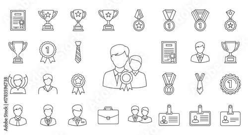 Set of minimalistic outline icons representing awards, trophies, medals, certificates, ties, briefcases, and professional staff, symbolizing achievement, recognition, and business success, perfect