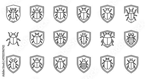 Collection of stylized bug icons within shield outlines, representing protection, security, and pest control. These vector graphics are perfect for web design, app development, advertising, and