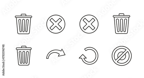 Set of clean line art icons representing delete, trash, remove, cancel, undo, and forbidden actions, presented on a white background. This collection features editable stroke icons for digital