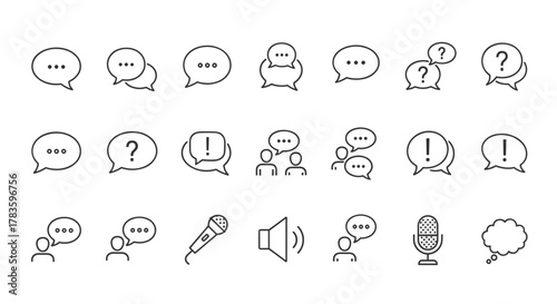 Collection of Talking and Dialogue Related Line Icons, Speech Bubble Outline Signs for Graphic and Web Design, Apps, Adverts, Various Cards, Vector Collection, Communication Symbols, Question Marks