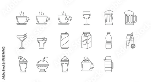 A diverse collection of thin line icons representing various beverages, including hot drinks like coffee and tea, cold drinks such as cocktails and sodas, and packaged beverages like milk and water