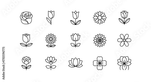 A collection of simple, elegant line art flower icons set against a clean white background, featuring roses, tulips, daisies, sunflowers, lotuses, and other floral designs, perfect for graphic