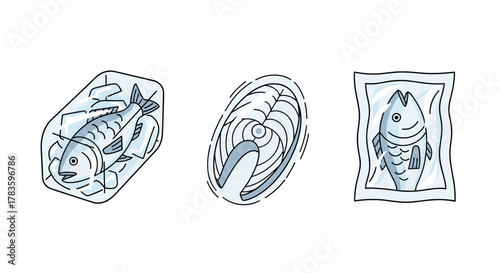 Minimalistic cartoon illustrations of frozen fish, including a whole fish in ice, a fish steak, and a whole fish vacuum-sealed in plastic, perfect for web, graphic design, apps, banners, social