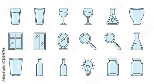 Collection of simple linear outline icons representing various glass objects and scientific equipment, including drinking glasses, wine glasses, flasks, jars, windows, mirrors, magnifying glasses
