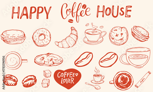 Hand drawn coffee chalk vector illustrations. Minimalist line art. Vector illustration of coffee icons crayon drawing style. Illustration for invitations, menus design, social media. La dolce vita