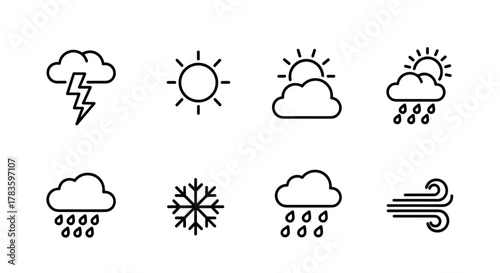 Collection of modern outline style weather icons on a white background, featuring lightning, sun, clouds, rain, snowflake, and wind, perfect for design elements in apps, social networks, and cards.