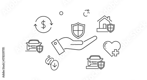 Insurance hand line icon with shield, representing risk coverage and policyholder protection. This quality design element features an editable stroke in a linear style, symbolizing security for cars