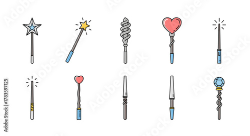 Collection of ten magical wands in a cartoon illustration style, featuring diverse designs like stars, hearts, and crystal balls, suitable for web, books, cards, and apps, presented on a white