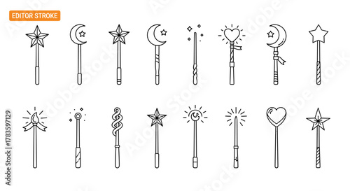 Collection of thin line art magic wand icons, including stars, moons, hearts, and ribbons, suitable for web, books, cards, and apps. Vector cartoon illustration on a white background with editable